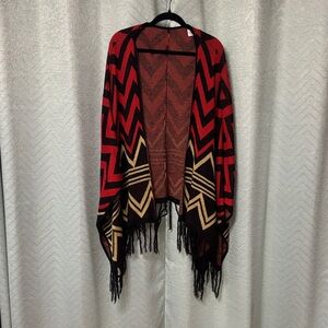 Red and Black Geometric Fringe Shawl